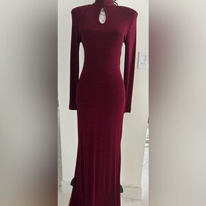 PG CollectionBurgundy Long-Sleeve Maxi Velvet Dress with Keyhole Neck Open Back